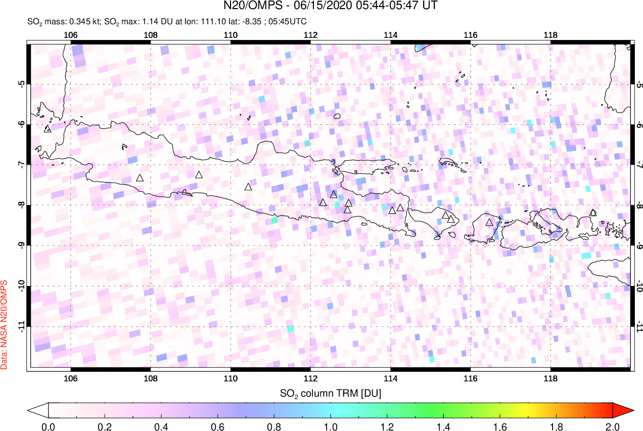 A sulfur dioxide image over Java, Indonesia on Jun 15, 2020.