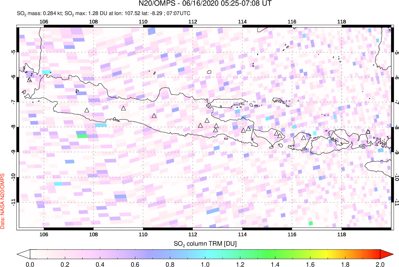 A sulfur dioxide image over Java, Indonesia on Jun 16, 2020.