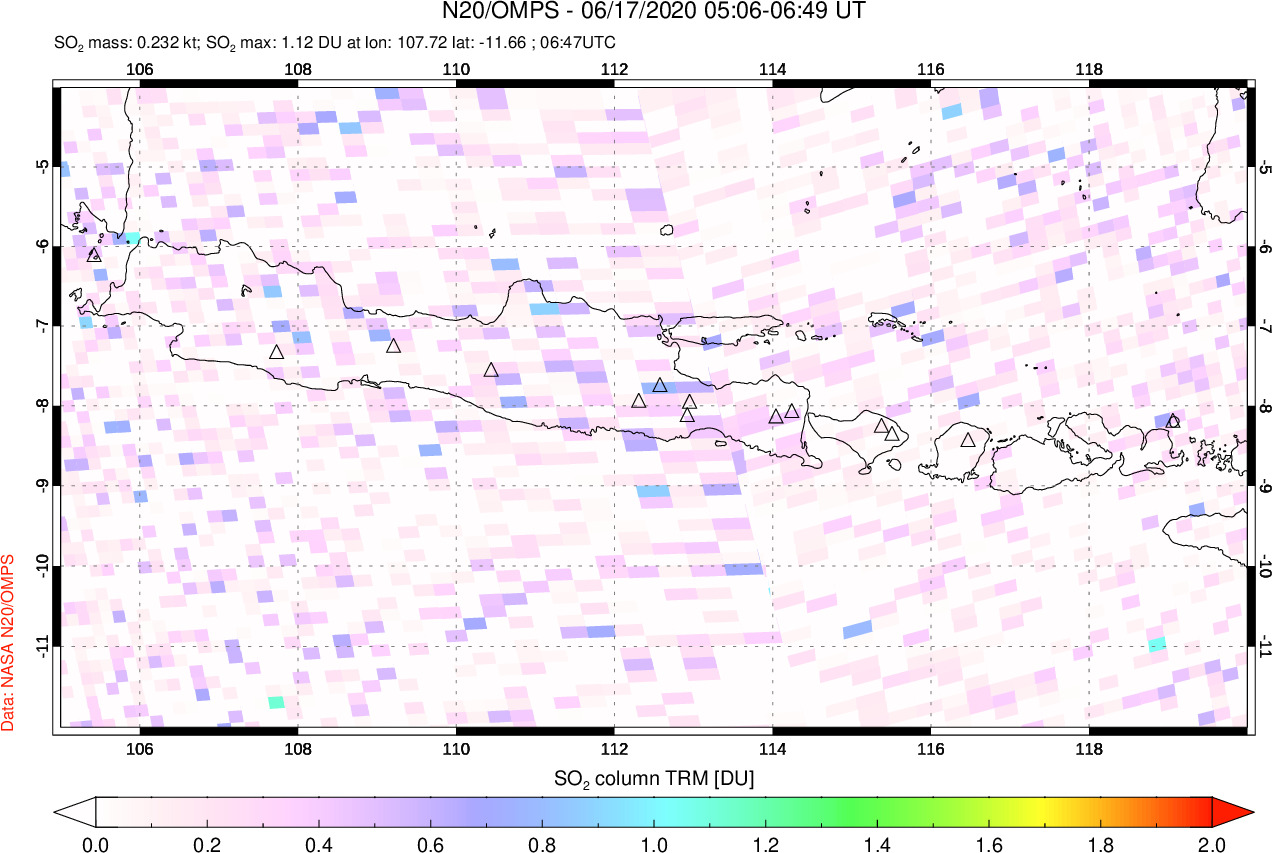 A sulfur dioxide image over Java, Indonesia on Jun 17, 2020.