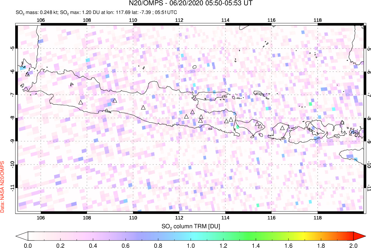 A sulfur dioxide image over Java, Indonesia on Jun 20, 2020.