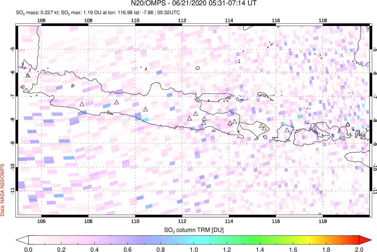 A sulfur dioxide image over Java, Indonesia on Jun 21, 2020.
