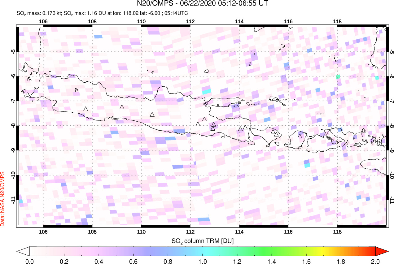 A sulfur dioxide image over Java, Indonesia on Jun 22, 2020.