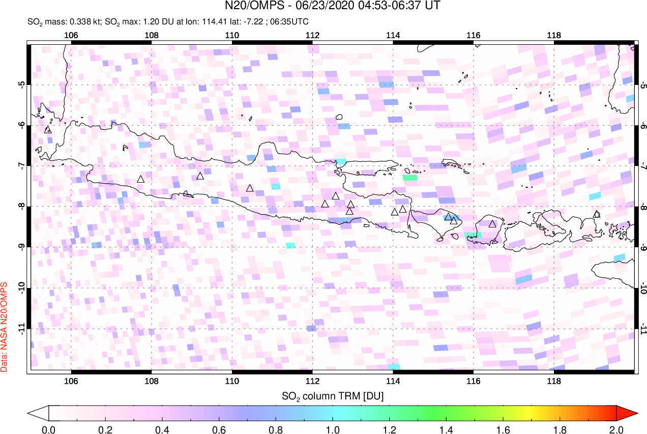 A sulfur dioxide image over Java, Indonesia on Jun 23, 2020.
