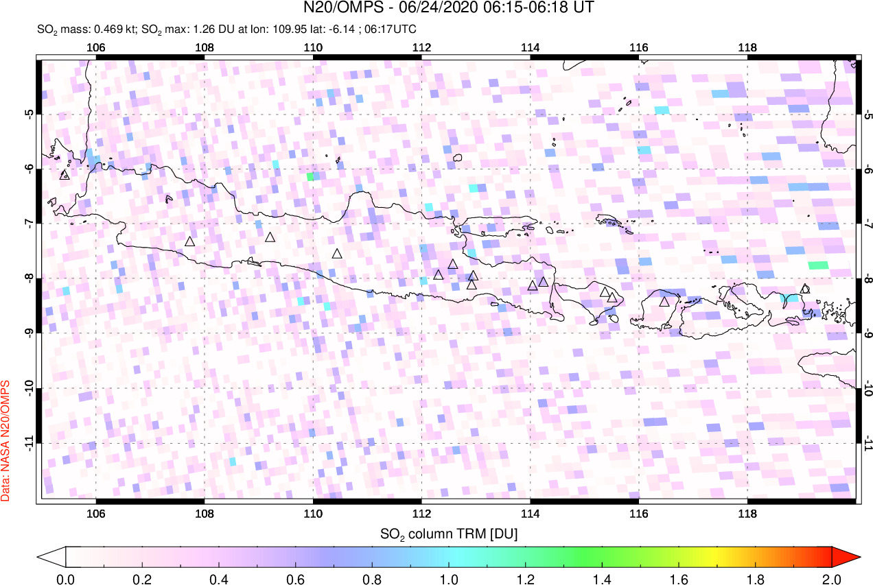 A sulfur dioxide image over Java, Indonesia on Jun 24, 2020.