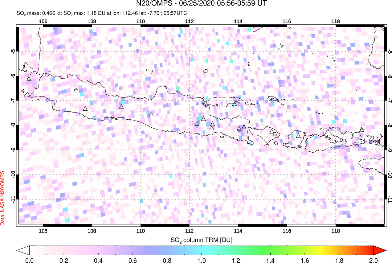 A sulfur dioxide image over Java, Indonesia on Jun 25, 2020.