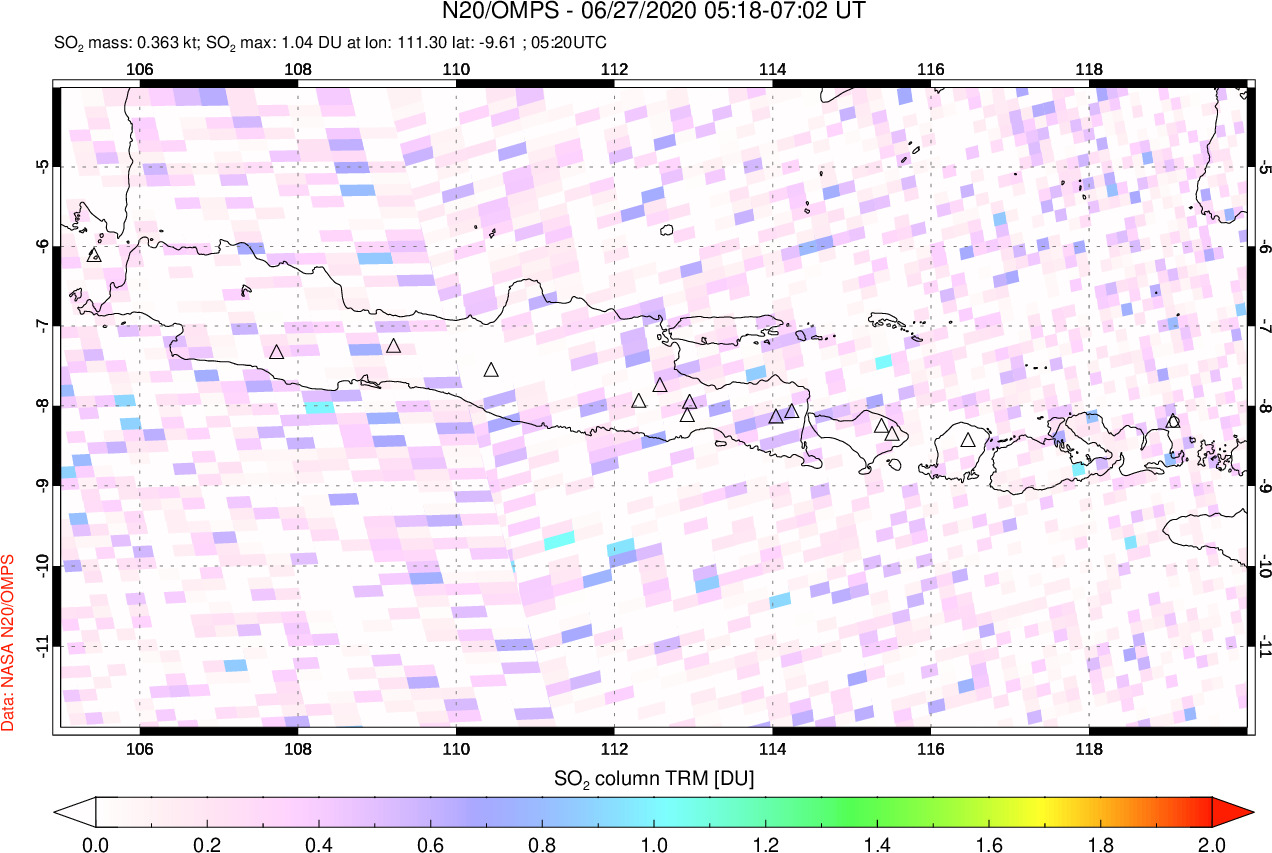 A sulfur dioxide image over Java, Indonesia on Jun 27, 2020.