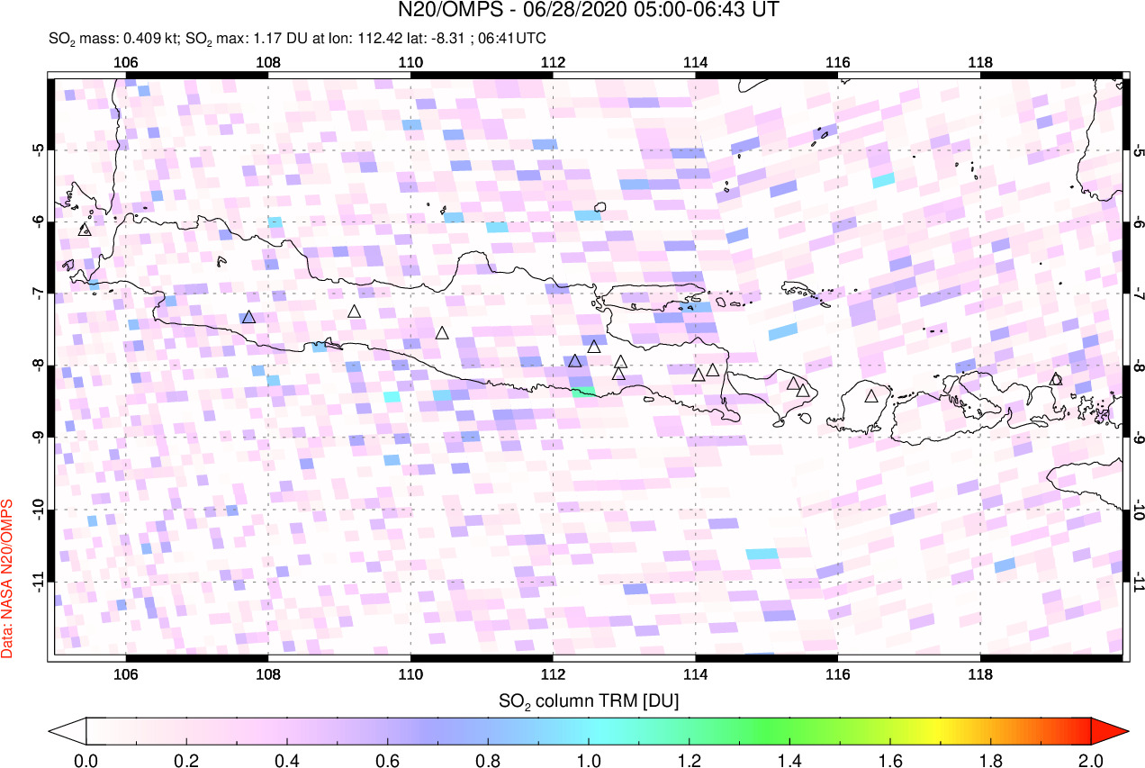 A sulfur dioxide image over Java, Indonesia on Jun 28, 2020.