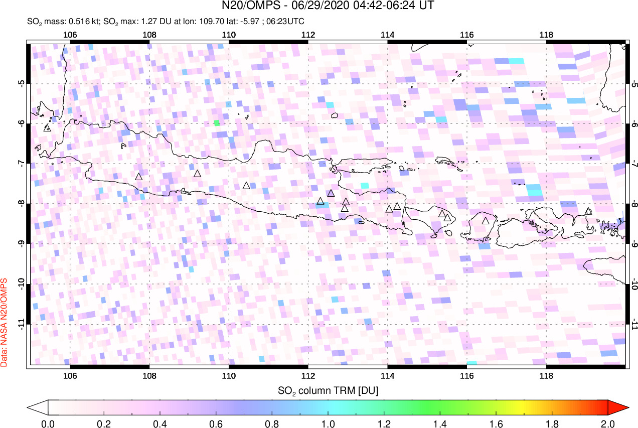 A sulfur dioxide image over Java, Indonesia on Jun 29, 2020.