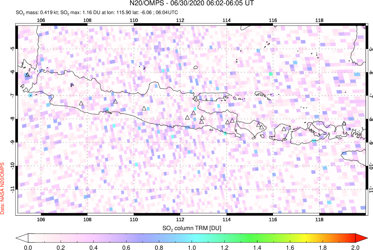 A sulfur dioxide image over Java, Indonesia on Jun 30, 2020.