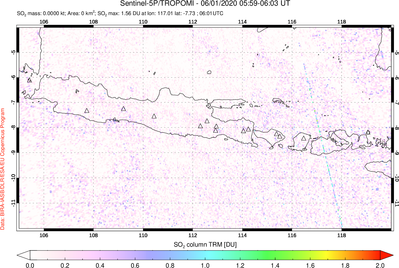 A sulfur dioxide image over Java, Indonesia on Jun 01, 2020.
