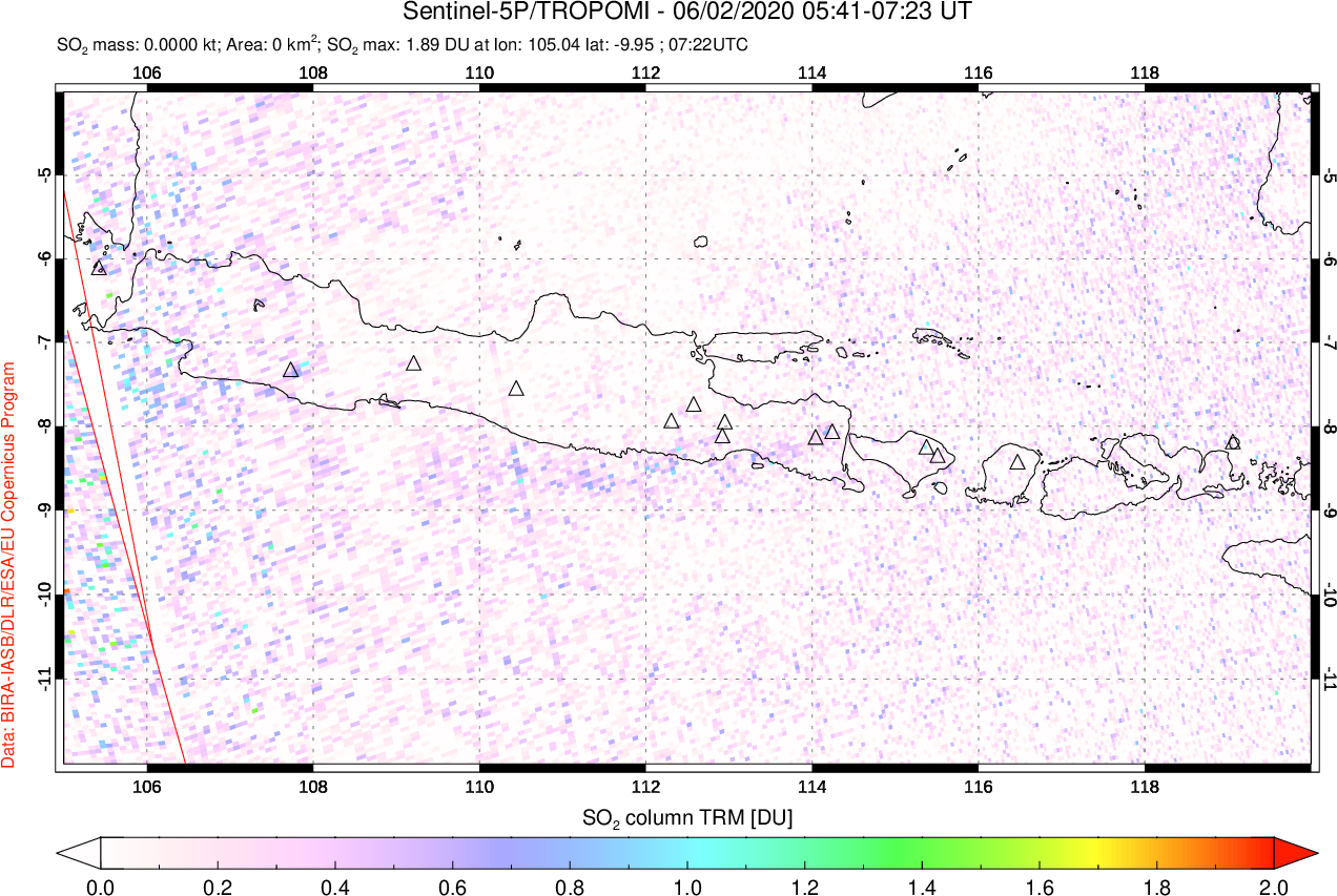 A sulfur dioxide image over Java, Indonesia on Jun 02, 2020.