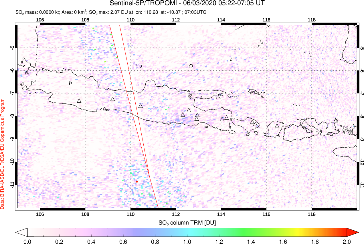 A sulfur dioxide image over Java, Indonesia on Jun 03, 2020.
