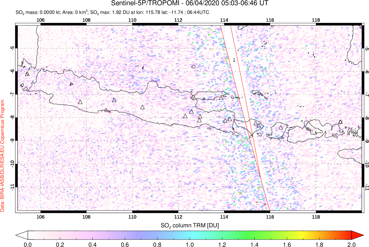 A sulfur dioxide image over Java, Indonesia on Jun 04, 2020.