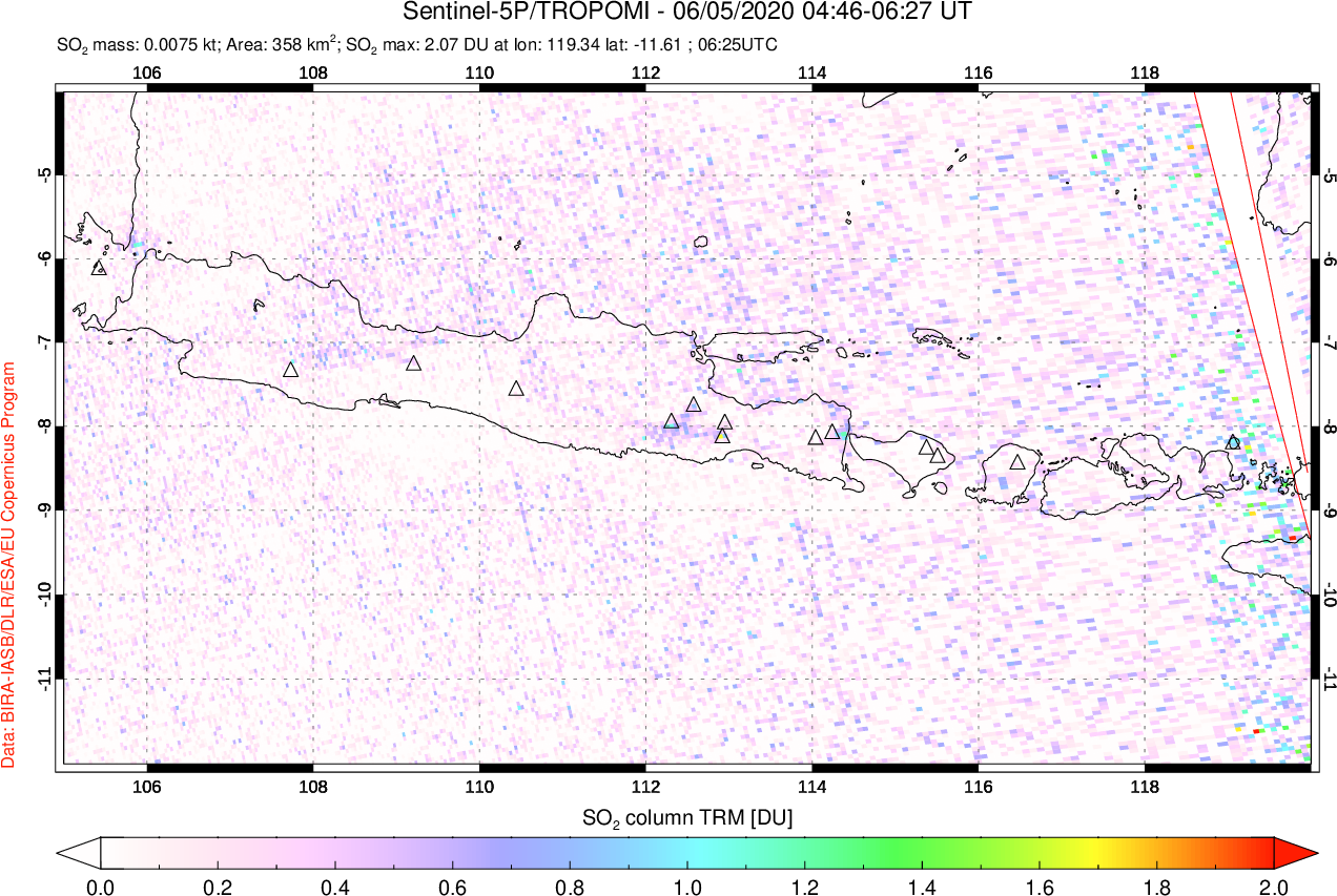 A sulfur dioxide image over Java, Indonesia on Jun 05, 2020.