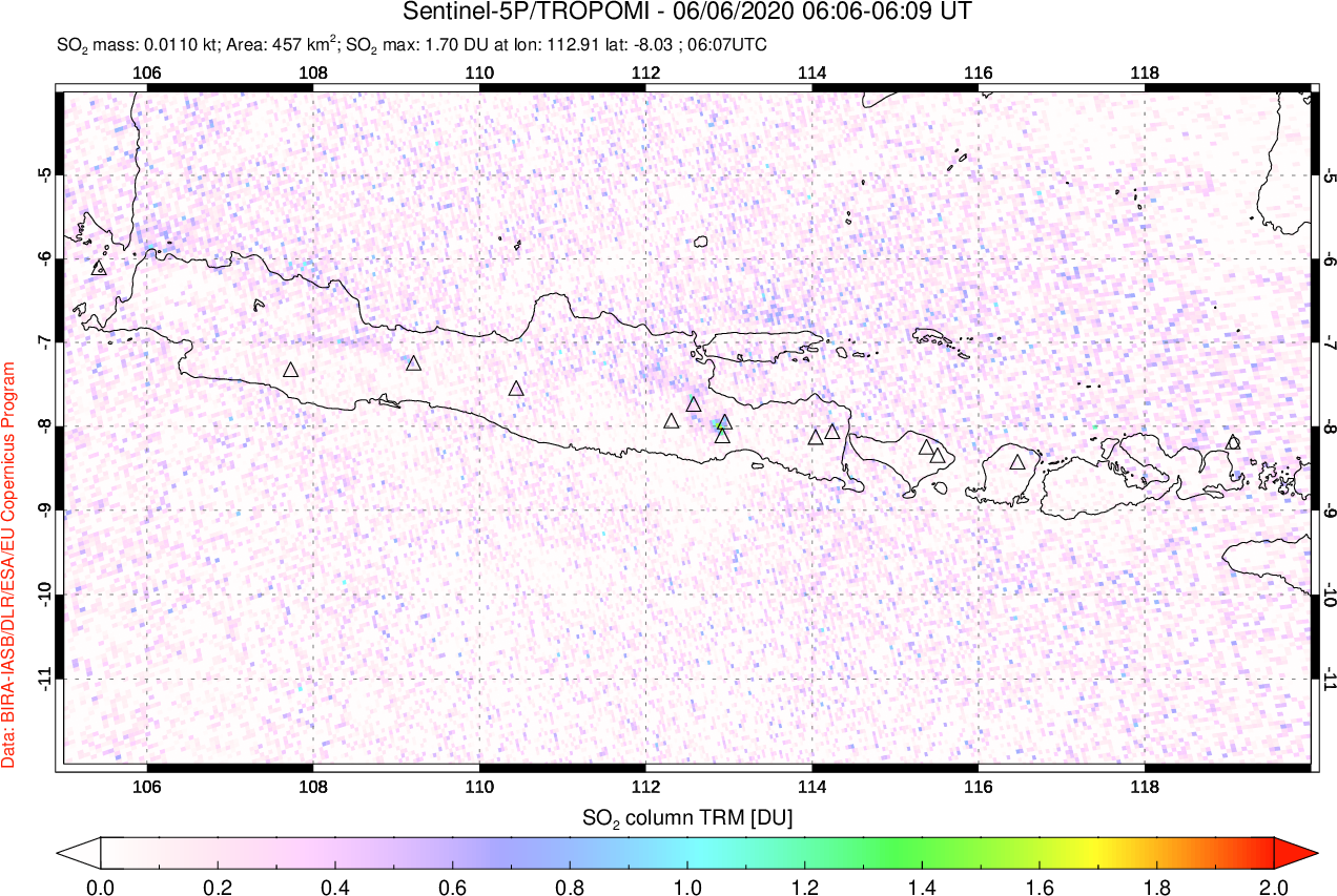 A sulfur dioxide image over Java, Indonesia on Jun 06, 2020.