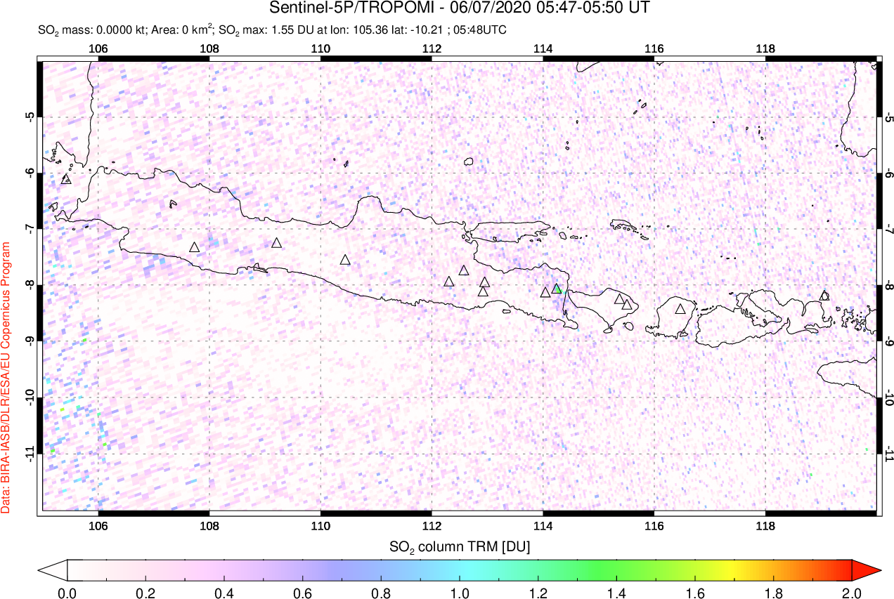 A sulfur dioxide image over Java, Indonesia on Jun 07, 2020.