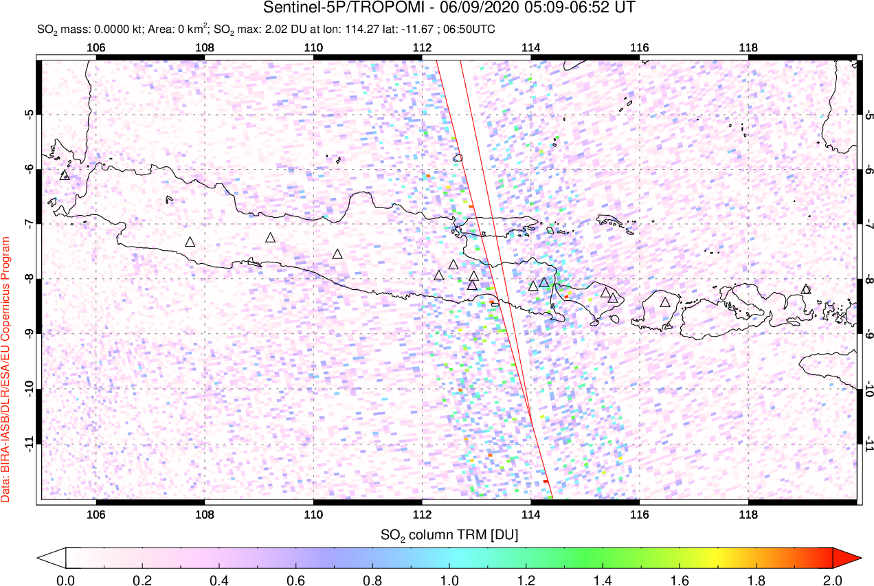 A sulfur dioxide image over Java, Indonesia on Jun 09, 2020.