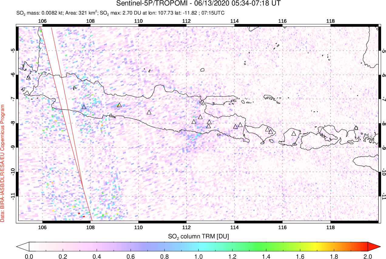 A sulfur dioxide image over Java, Indonesia on Jun 13, 2020.