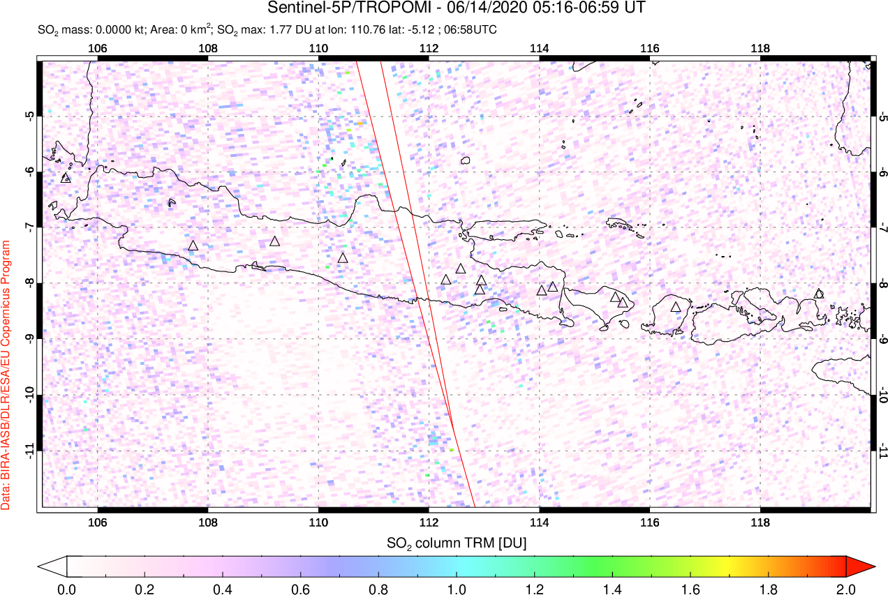A sulfur dioxide image over Java, Indonesia on Jun 14, 2020.