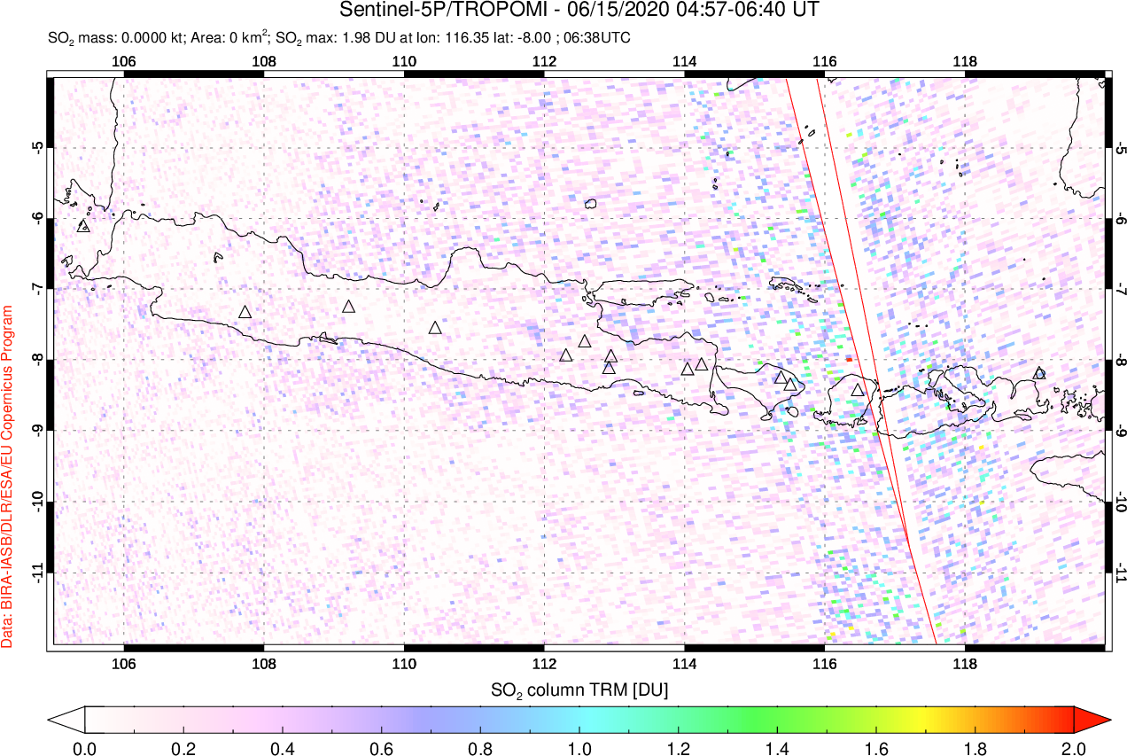 A sulfur dioxide image over Java, Indonesia on Jun 15, 2020.