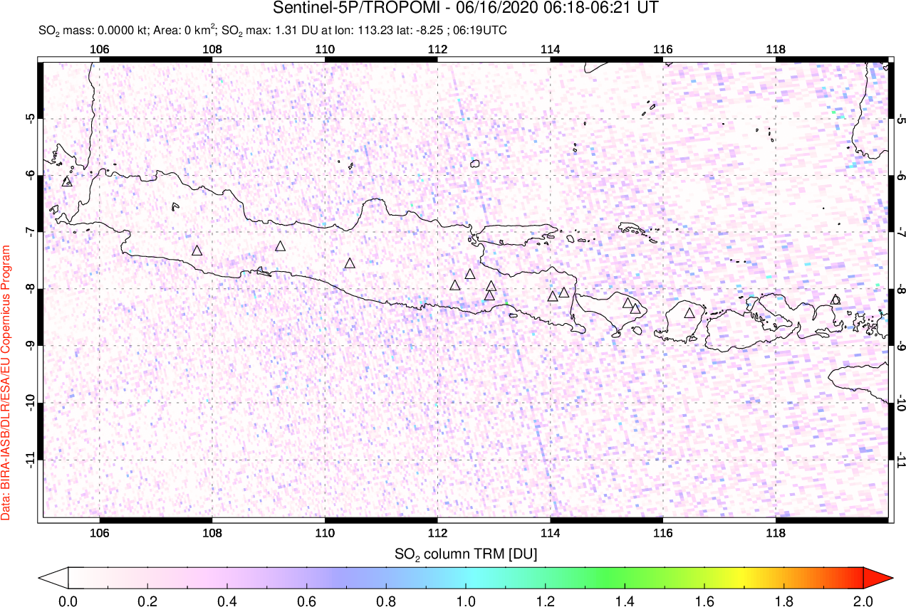 A sulfur dioxide image over Java, Indonesia on Jun 16, 2020.