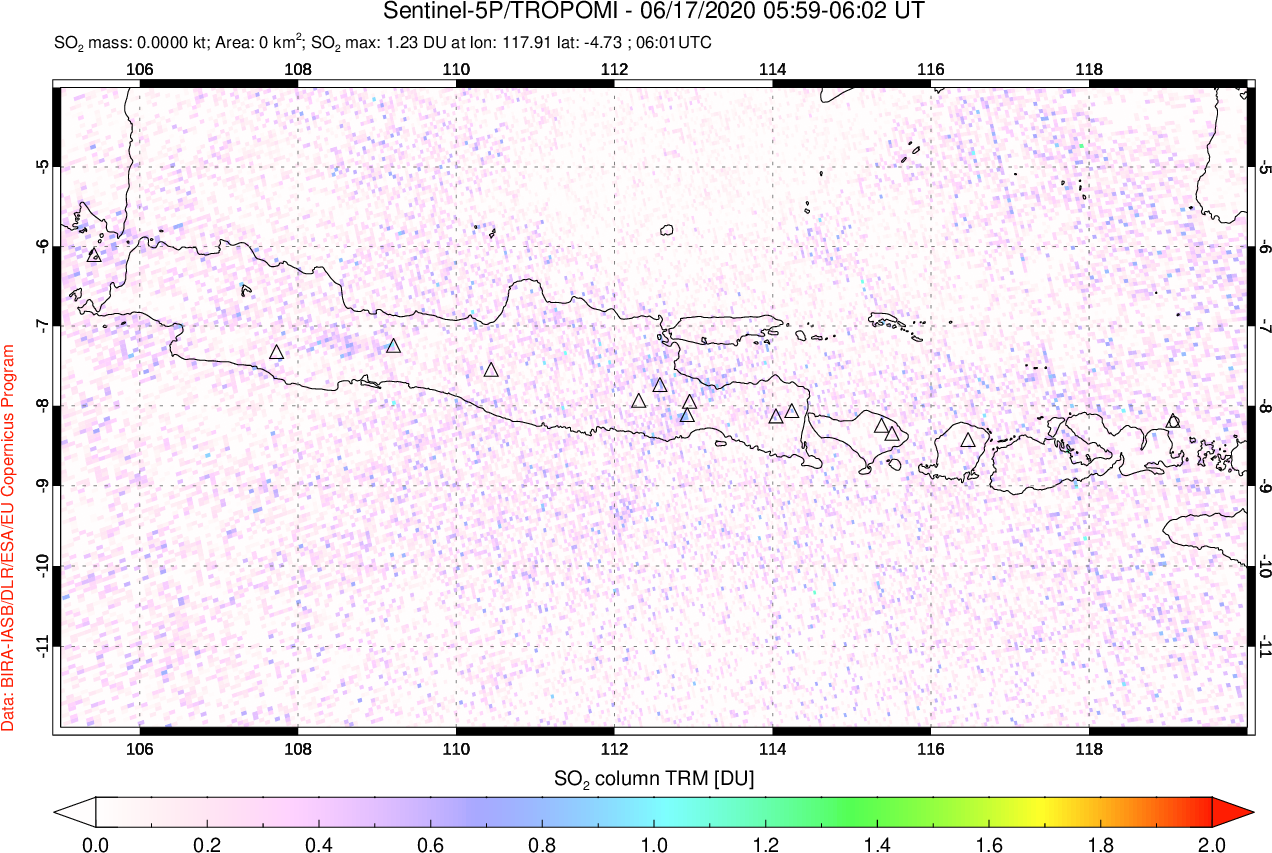 A sulfur dioxide image over Java, Indonesia on Jun 17, 2020.