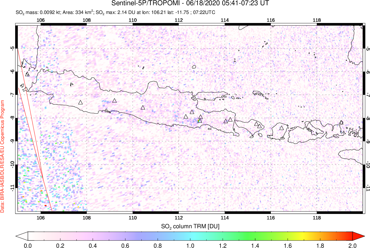 A sulfur dioxide image over Java, Indonesia on Jun 18, 2020.