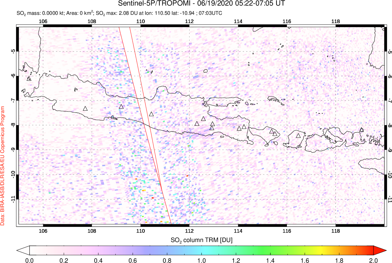 A sulfur dioxide image over Java, Indonesia on Jun 19, 2020.