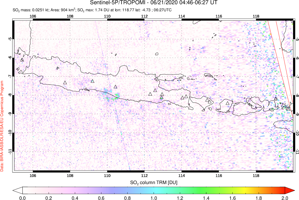 A sulfur dioxide image over Java, Indonesia on Jun 21, 2020.