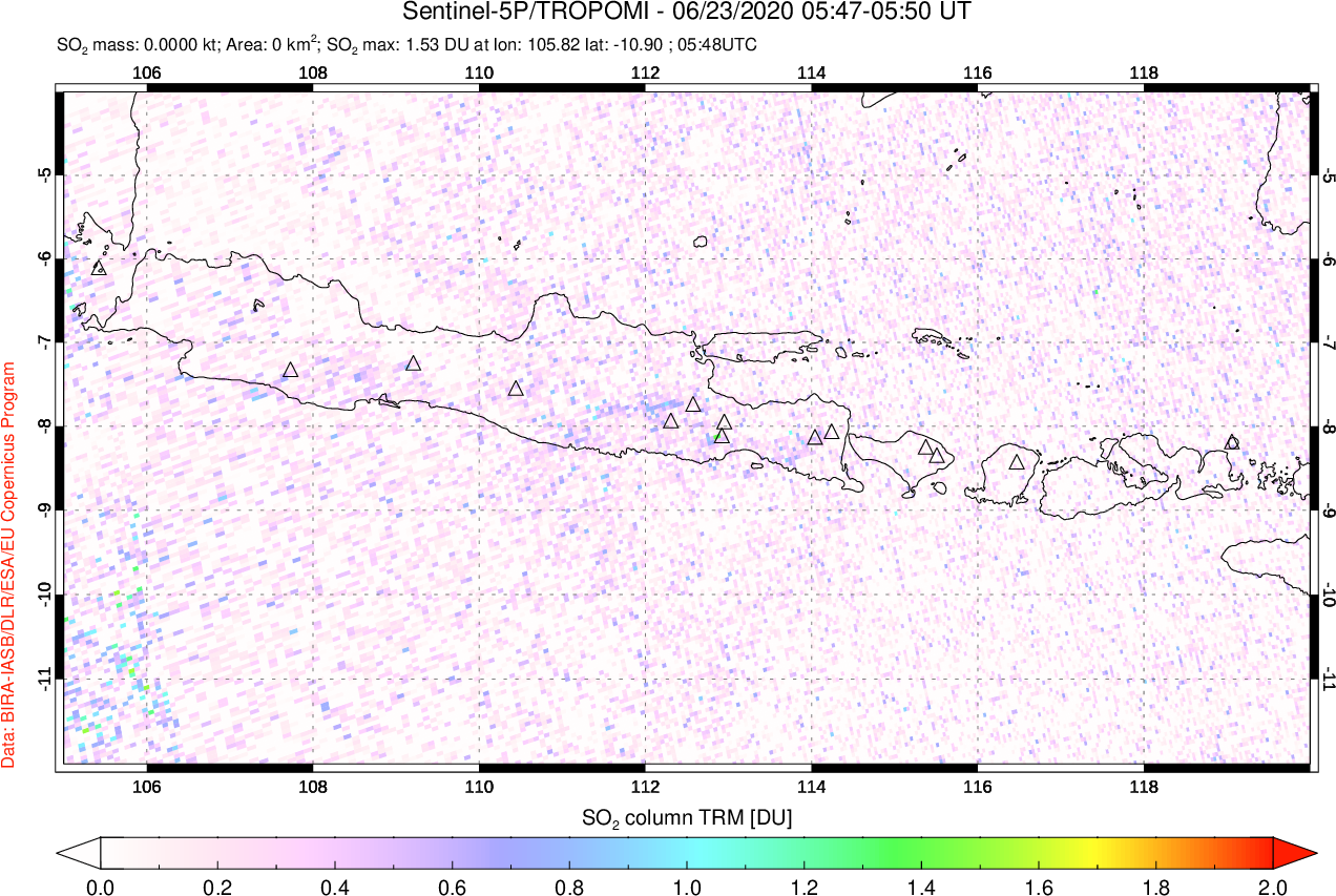 A sulfur dioxide image over Java, Indonesia on Jun 23, 2020.