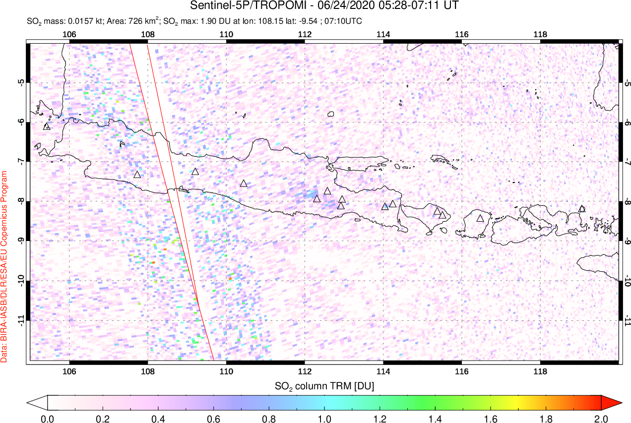 A sulfur dioxide image over Java, Indonesia on Jun 24, 2020.