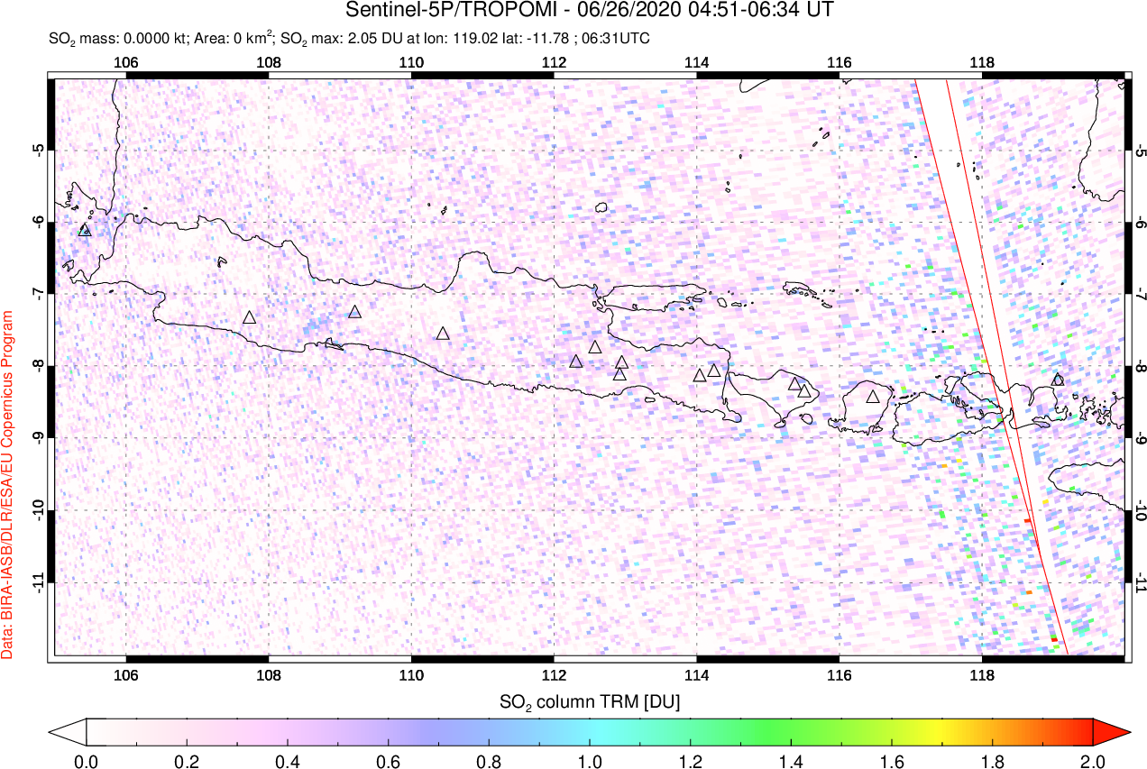 A sulfur dioxide image over Java, Indonesia on Jun 26, 2020.