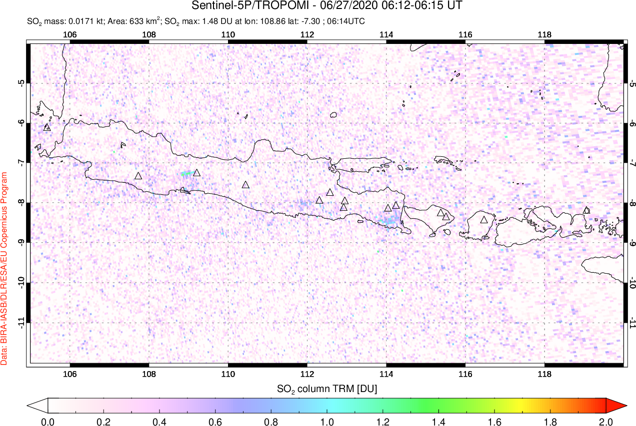A sulfur dioxide image over Java, Indonesia on Jun 27, 2020.