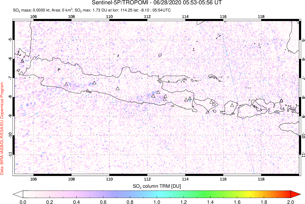 A sulfur dioxide image over Java, Indonesia on Jun 28, 2020.