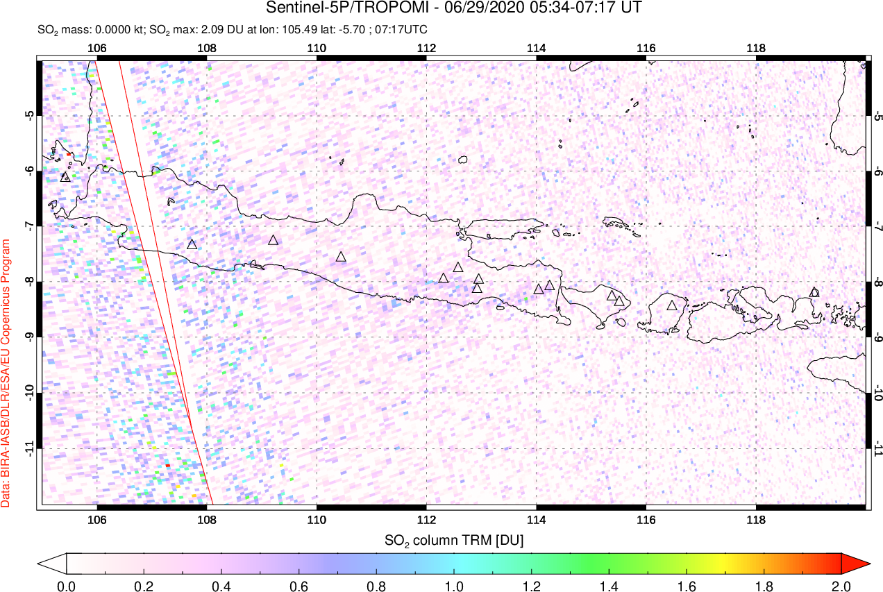 A sulfur dioxide image over Java, Indonesia on Jun 29, 2020.