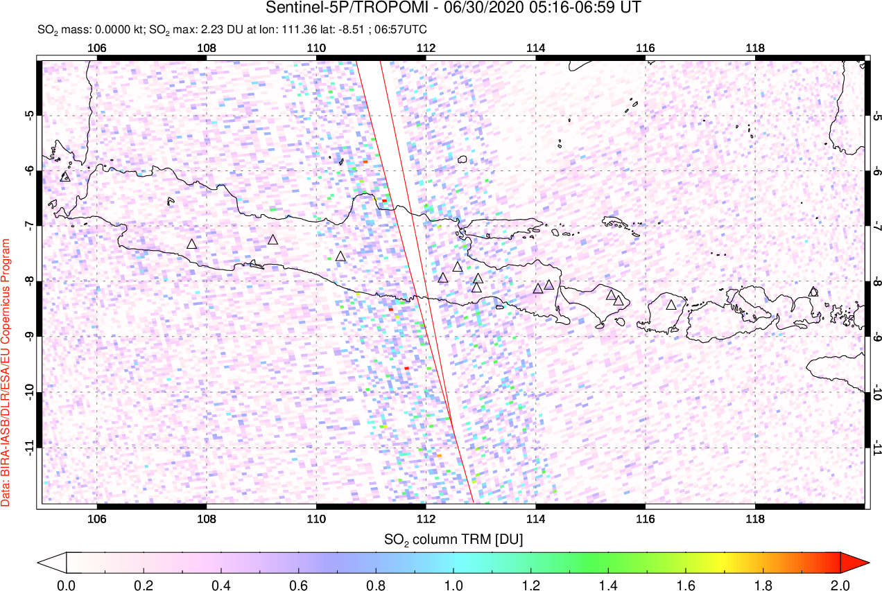 A sulfur dioxide image over Java, Indonesia on Jun 30, 2020.