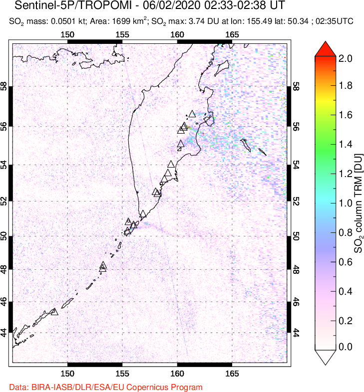 A sulfur dioxide image over Kamchatka, Russian Federation on Jun 02, 2020.