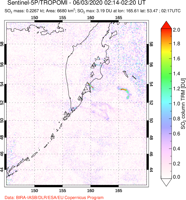 A sulfur dioxide image over Kamchatka, Russian Federation on Jun 03, 2020.