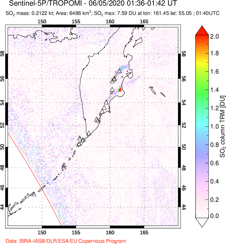A sulfur dioxide image over Kamchatka, Russian Federation on Jun 05, 2020.