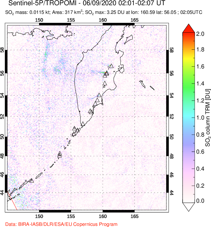 A sulfur dioxide image over Kamchatka, Russian Federation on Jun 09, 2020.