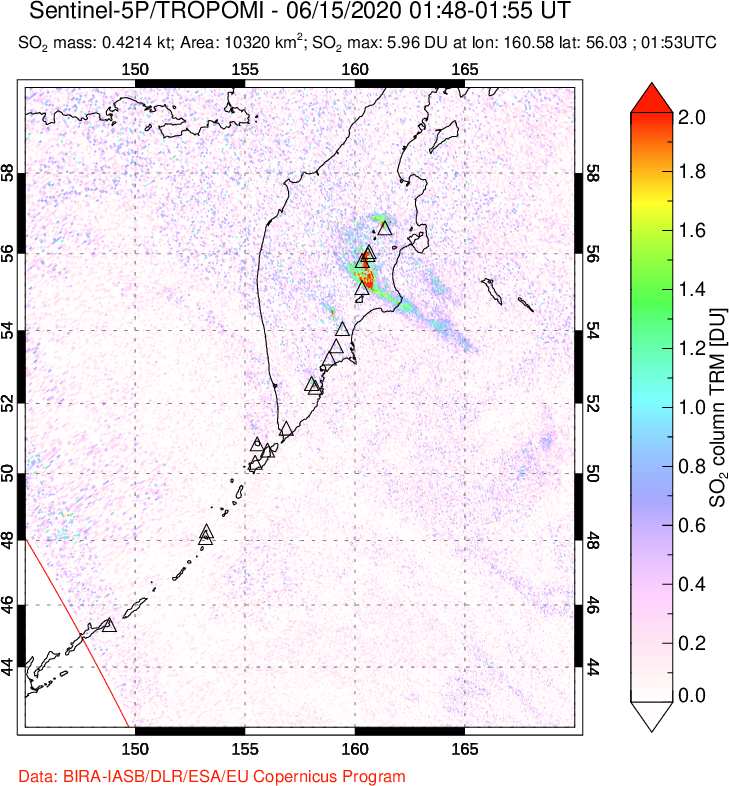 A sulfur dioxide image over Kamchatka, Russian Federation on Jun 15, 2020.