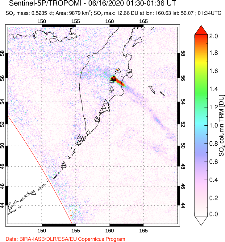 A sulfur dioxide image over Kamchatka, Russian Federation on Jun 16, 2020.