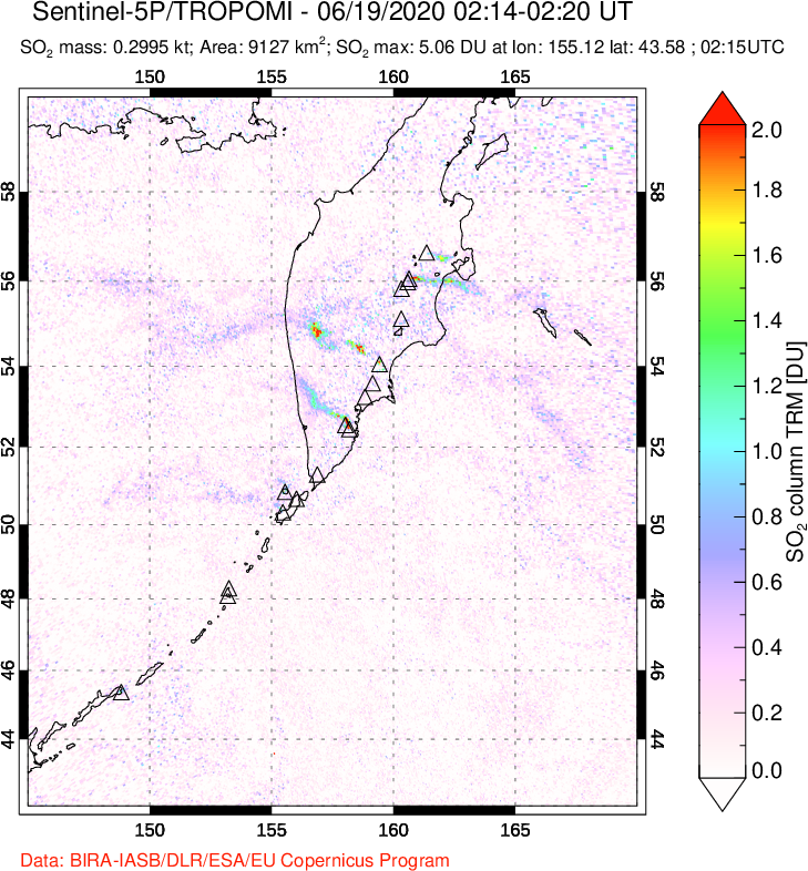 A sulfur dioxide image over Kamchatka, Russian Federation on Jun 19, 2020.