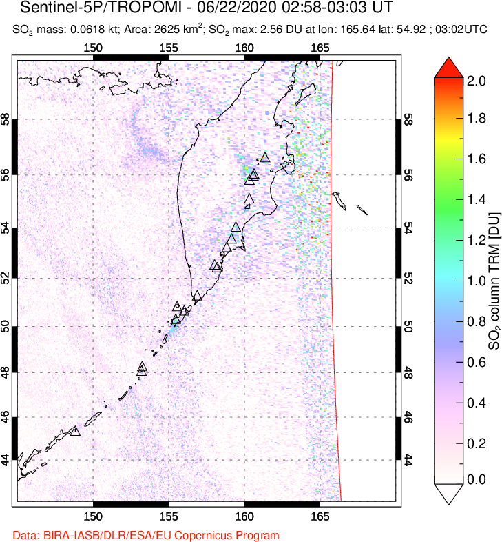 A sulfur dioxide image over Kamchatka, Russian Federation on Jun 22, 2020.