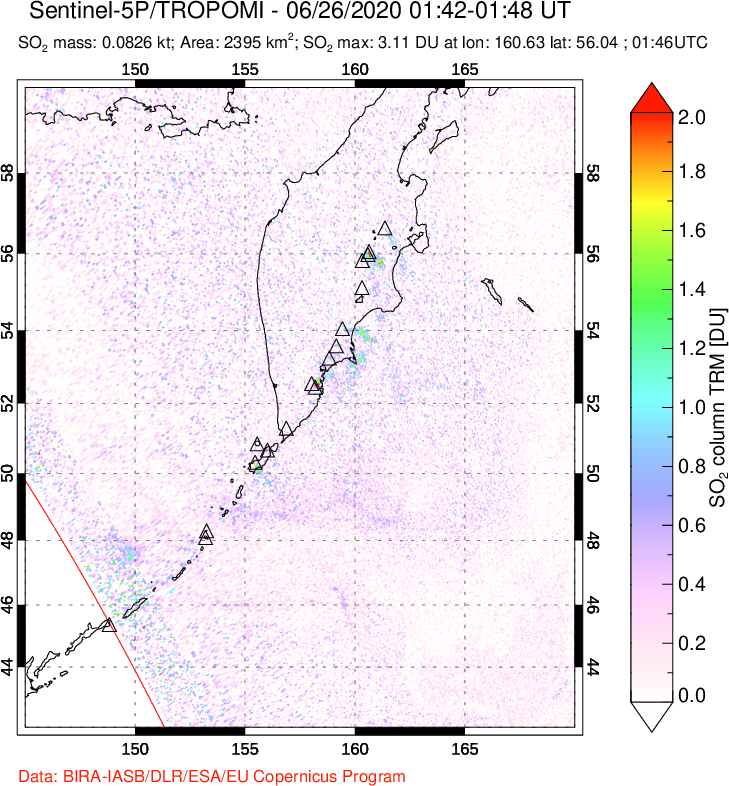 A sulfur dioxide image over Kamchatka, Russian Federation on Jun 26, 2020.