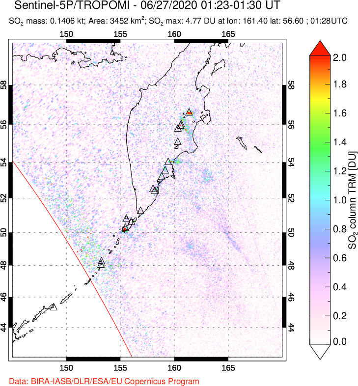 A sulfur dioxide image over Kamchatka, Russian Federation on Jun 27, 2020.