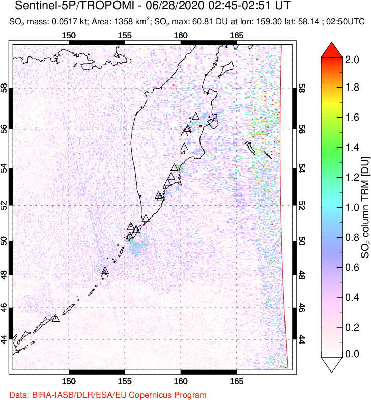 A sulfur dioxide image over Kamchatka, Russian Federation on Jun 28, 2020.