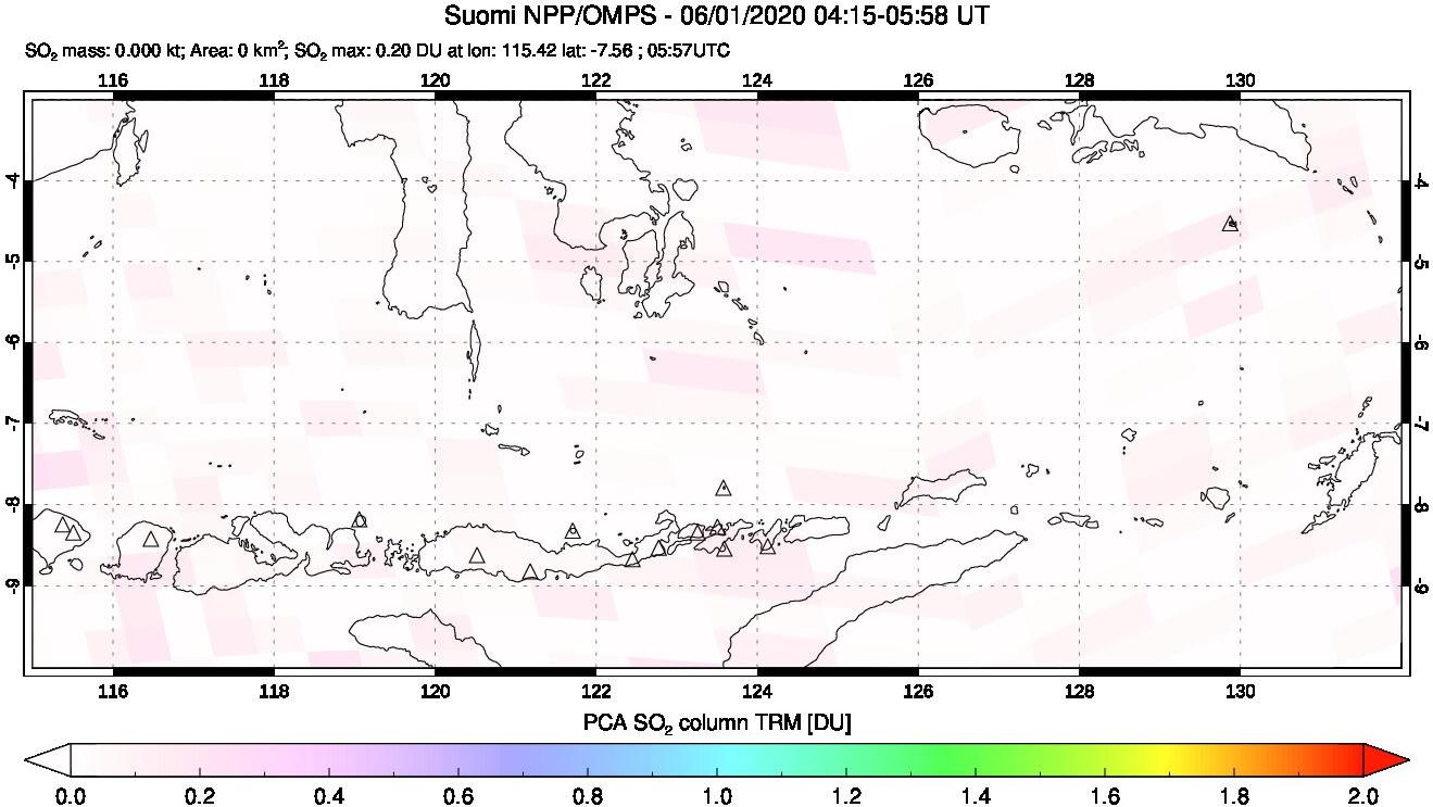 A sulfur dioxide image over Lesser Sunda Islands, Indonesia on Jun 01, 2020.