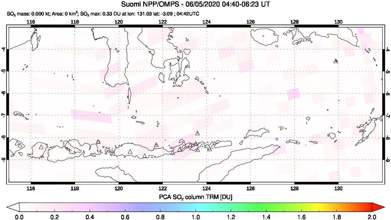 A sulfur dioxide image over Lesser Sunda Islands, Indonesia on Jun 05, 2020.