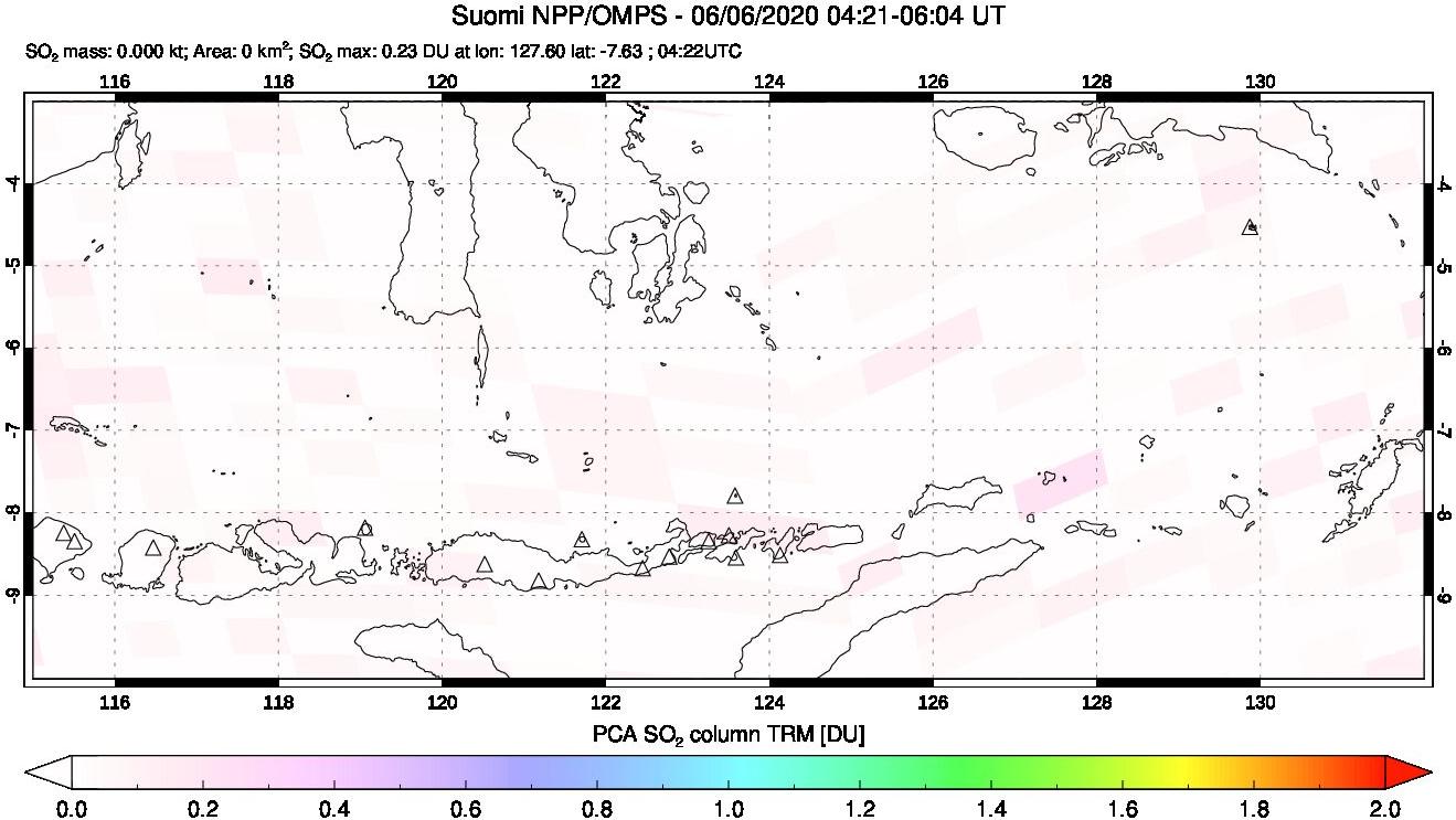 A sulfur dioxide image over Lesser Sunda Islands, Indonesia on Jun 06, 2020.